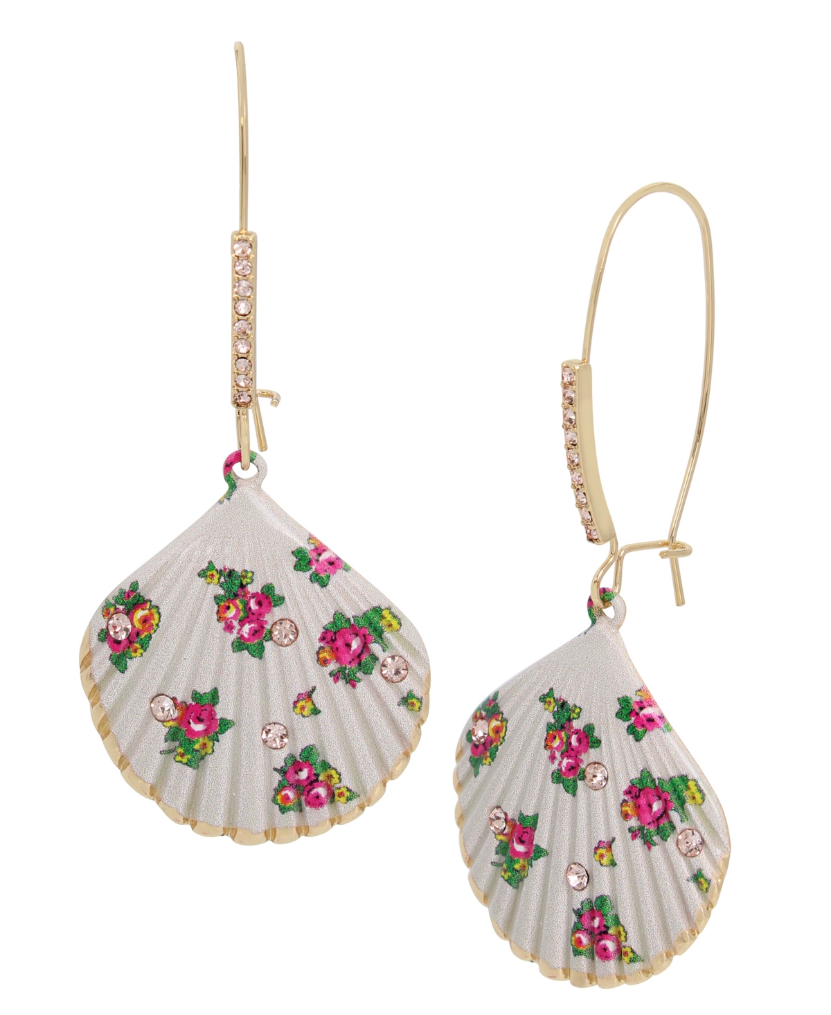 Betsey Johnson Faux Stone Floral Shell Dangle Earrings In White,gold