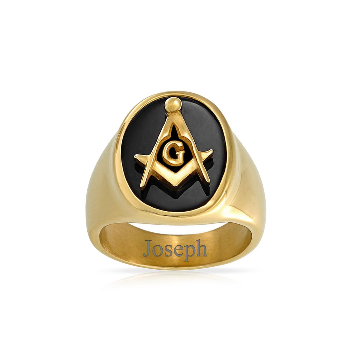 Bling Jewelry Square Compass Black Oval Mens Signet Freemason Masonic Ring Stainless Steel - Gold-tone