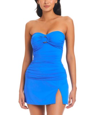 Shop Bleu By Rod Beattie Womens Draped Bandini Top High Waist Swim Skirt In Aegean Blue