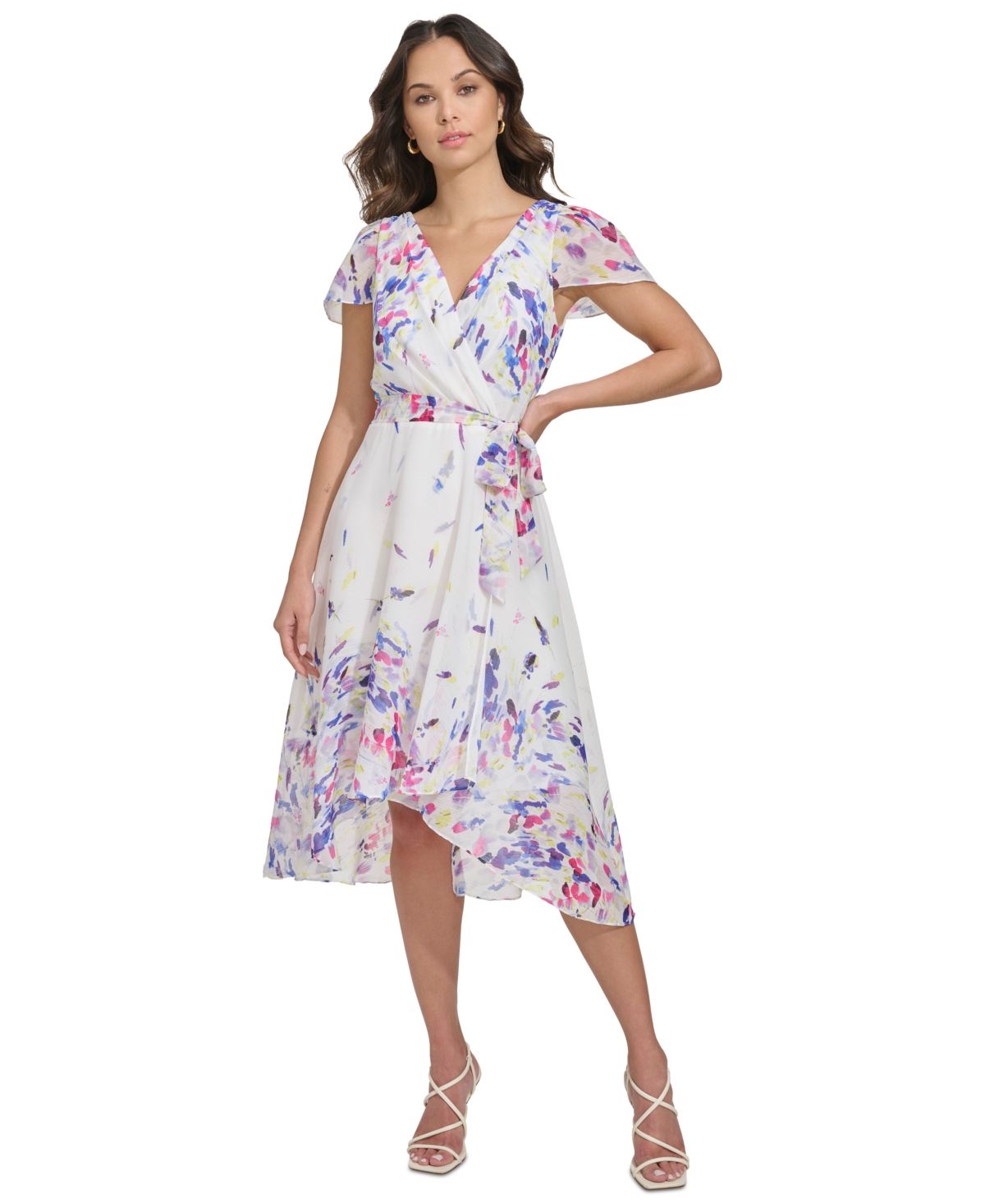 Women's Flutter-Sleeve Faux-Wrap Midi Dress - Cream/Pink