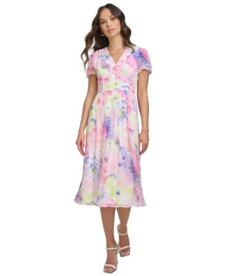 DKNY - Women's Floral Crinkle Chiffon Midi Dress