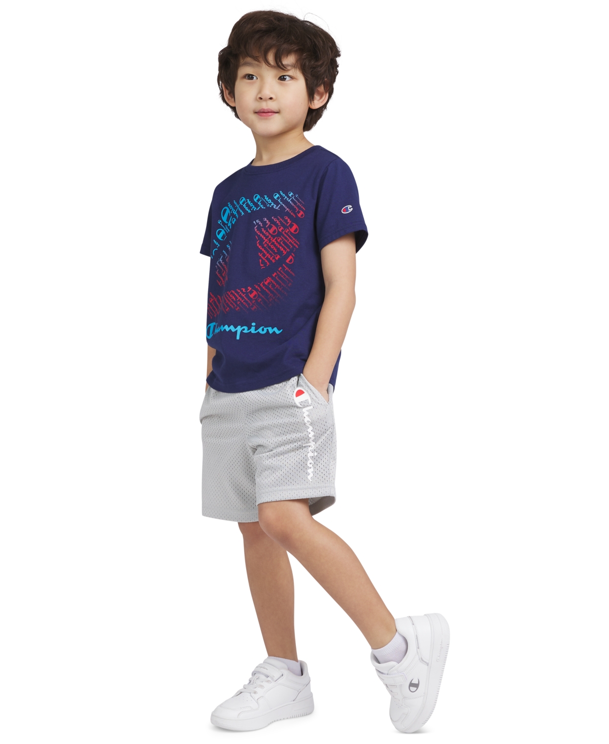 Champion Kids' Little Boys Logo Graphic T-shirt & Shorts, 2 Piece Set In Navy Blue