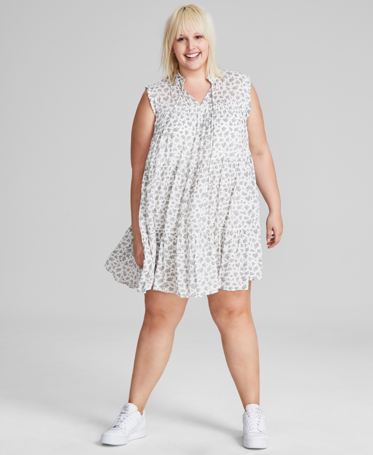 And Now This Trendy Plus Size Tiered Swing Dress In Ivory Flor