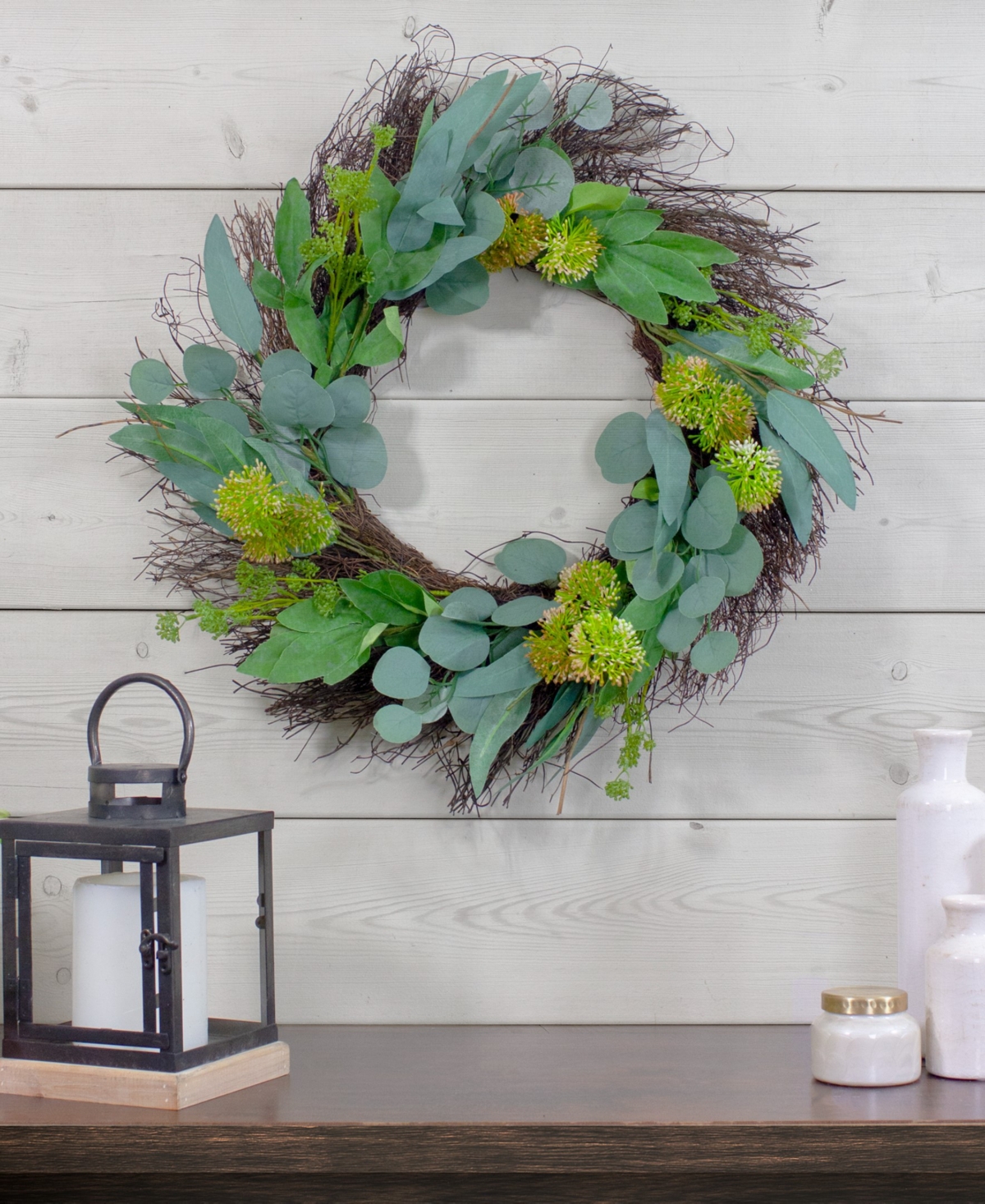 Northlight Olive Leaf And Floral Twig Spring Wreath, 23" In Green