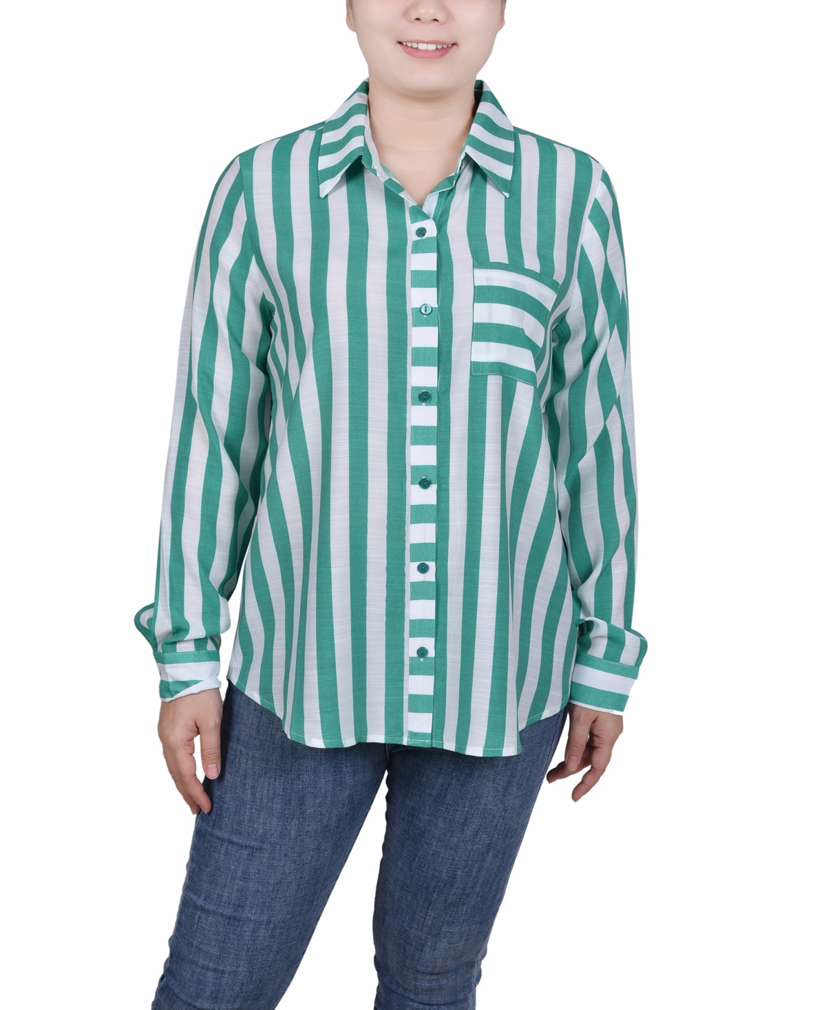 Ny Collection Petite Size Long Sleeve Striped Blouse Top In Emerald White