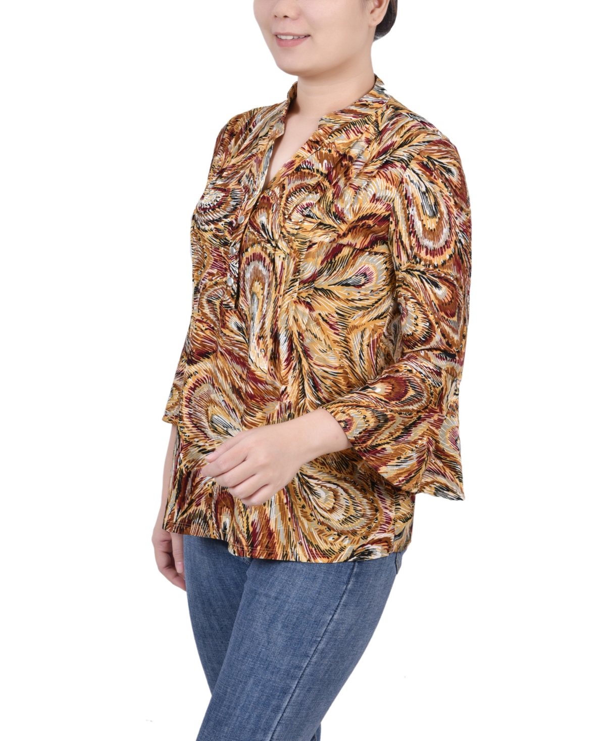 Women's 3/4 Bell Sleeve Pleat Front Y-neck Top