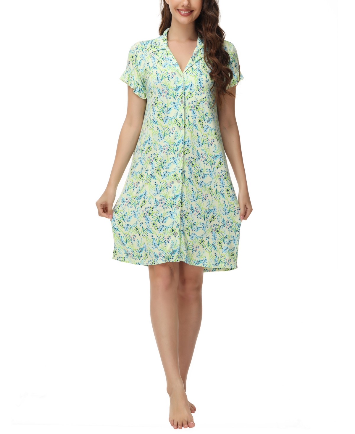 Shop C. Wonder Women's Printed Notch Collar Short Sleeve With Ruffle Sleepshirt Nightgown In Whimsical Floral