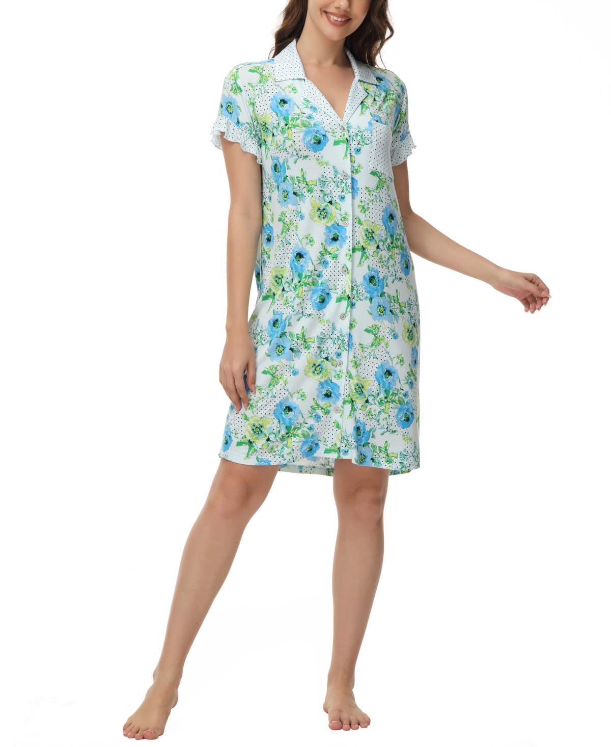 Shop C. Wonder Women's Printed Notch Collar Short Sleeve With Ruffle Sleepshirt Nightgown In Floral
