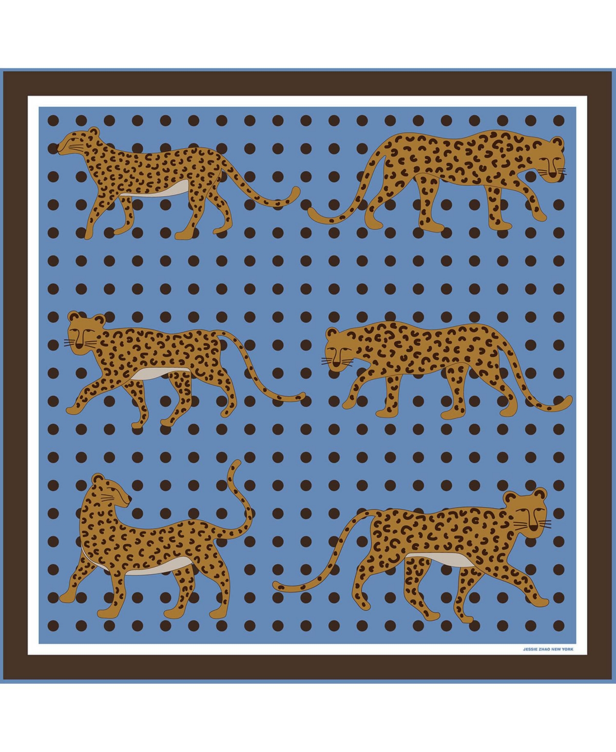 Double Sided Silk Scarf Of Blue Leopards Garden - Brown