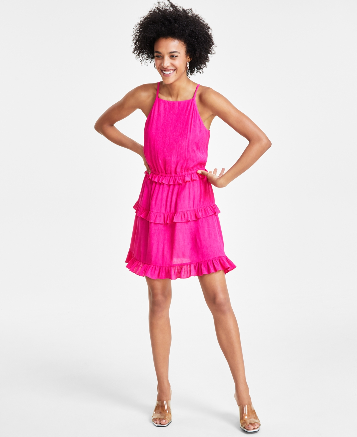 Shop Bar Iii Women's Ruffled Sleeveless Mini Dress, Created For Macy's In Pink Peacock