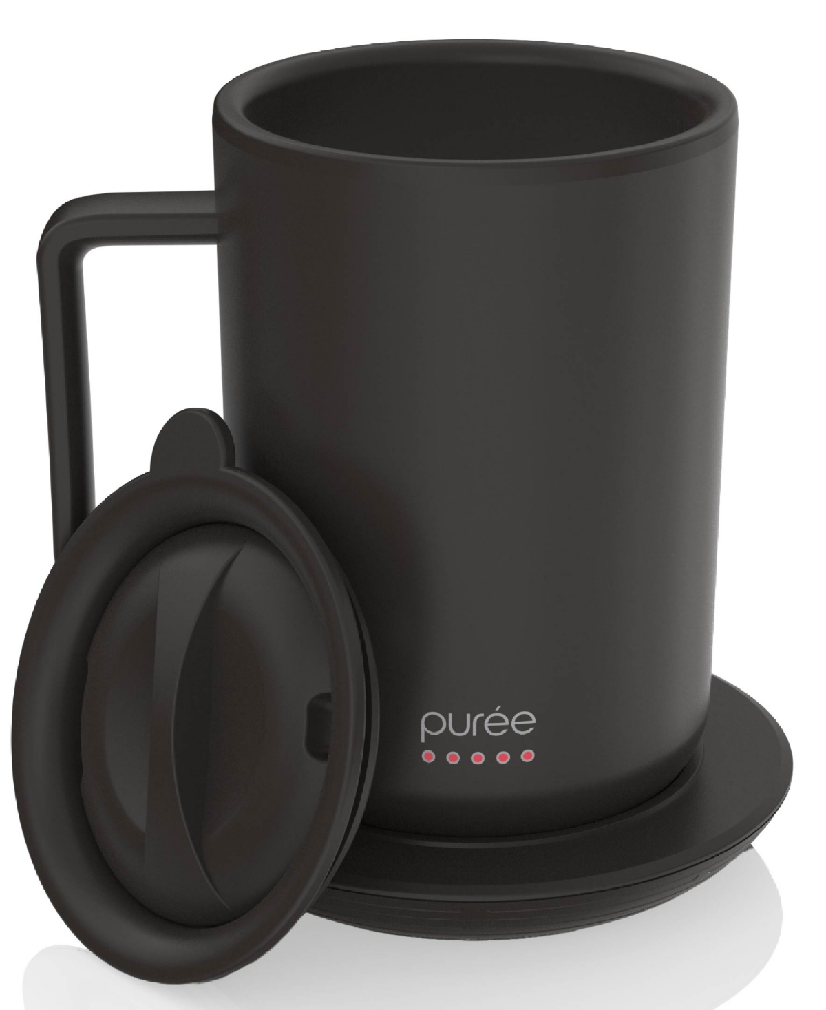 Tzumi Puree Warming Coffee Mug, 12 Oz. Stainless Steel Coffee Mug With Mug Warmer Coaster And Lid In Black