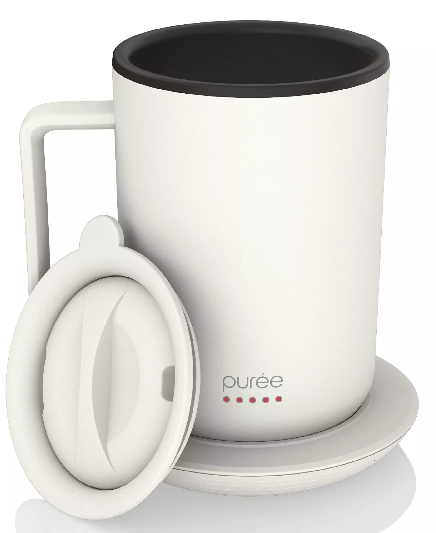 A white mug on a white warming base next to a white lid