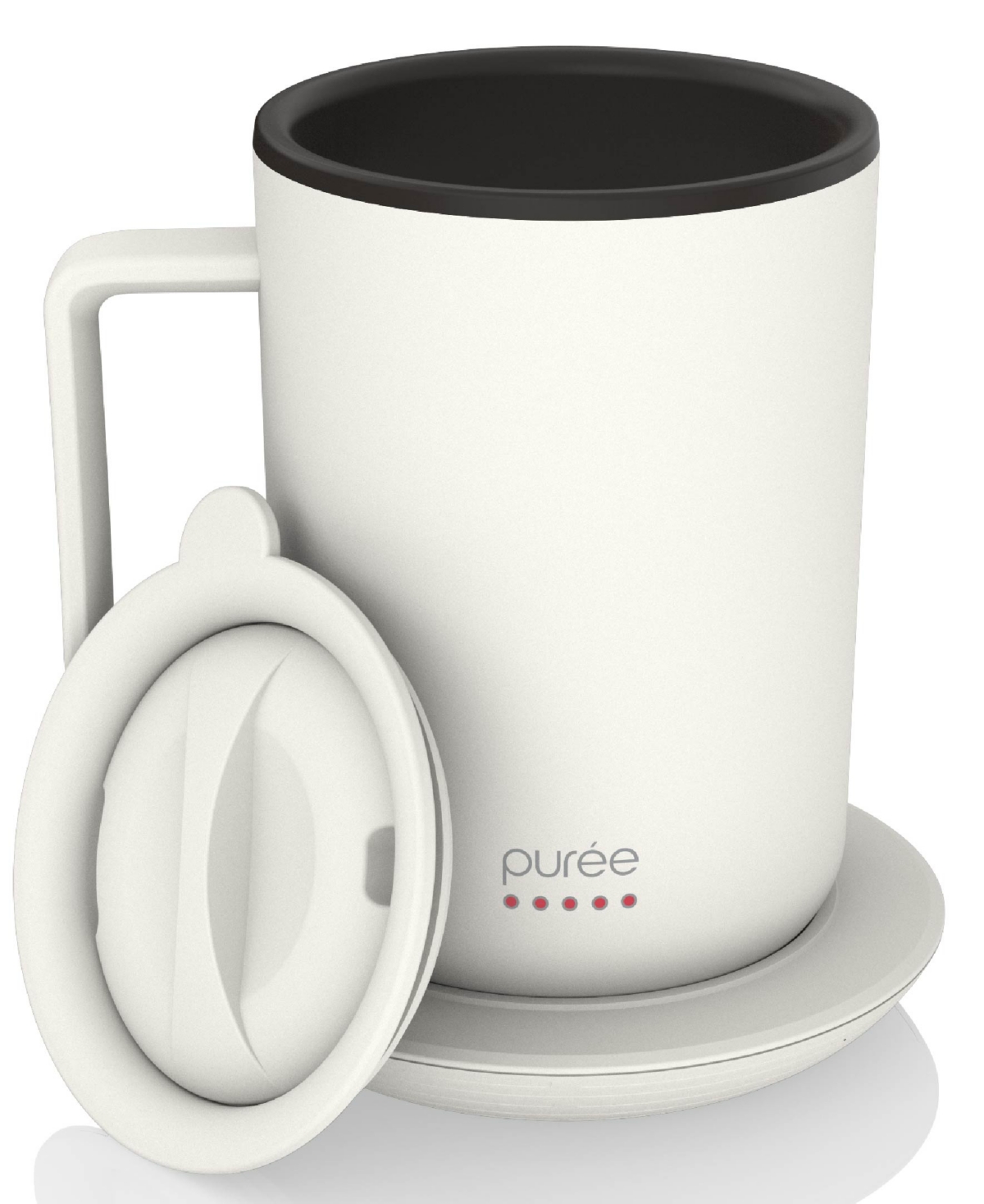 Tzumi Puree Warming Coffee Mug, 12 Oz. Stainless Steel Coffee Mug With Mug Warmer Coaster And Lid In White