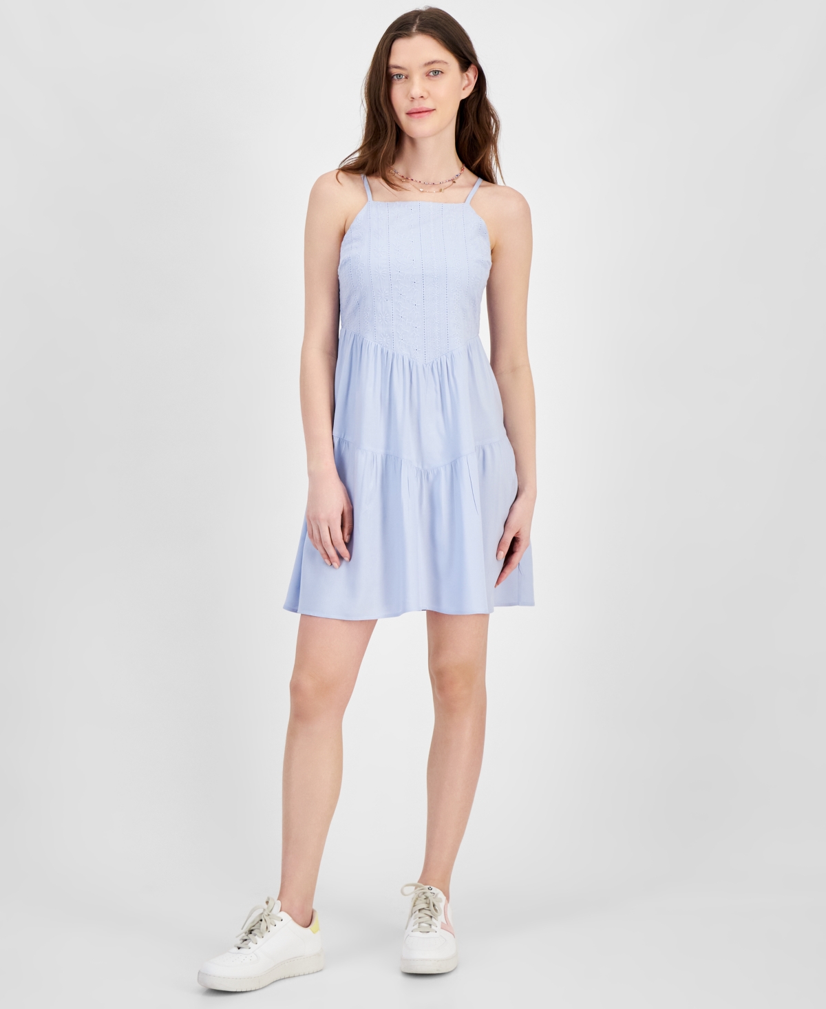 Shop Hippie Rose Juniors' Embroidered Tiered Mini Dress In Skylight Blue