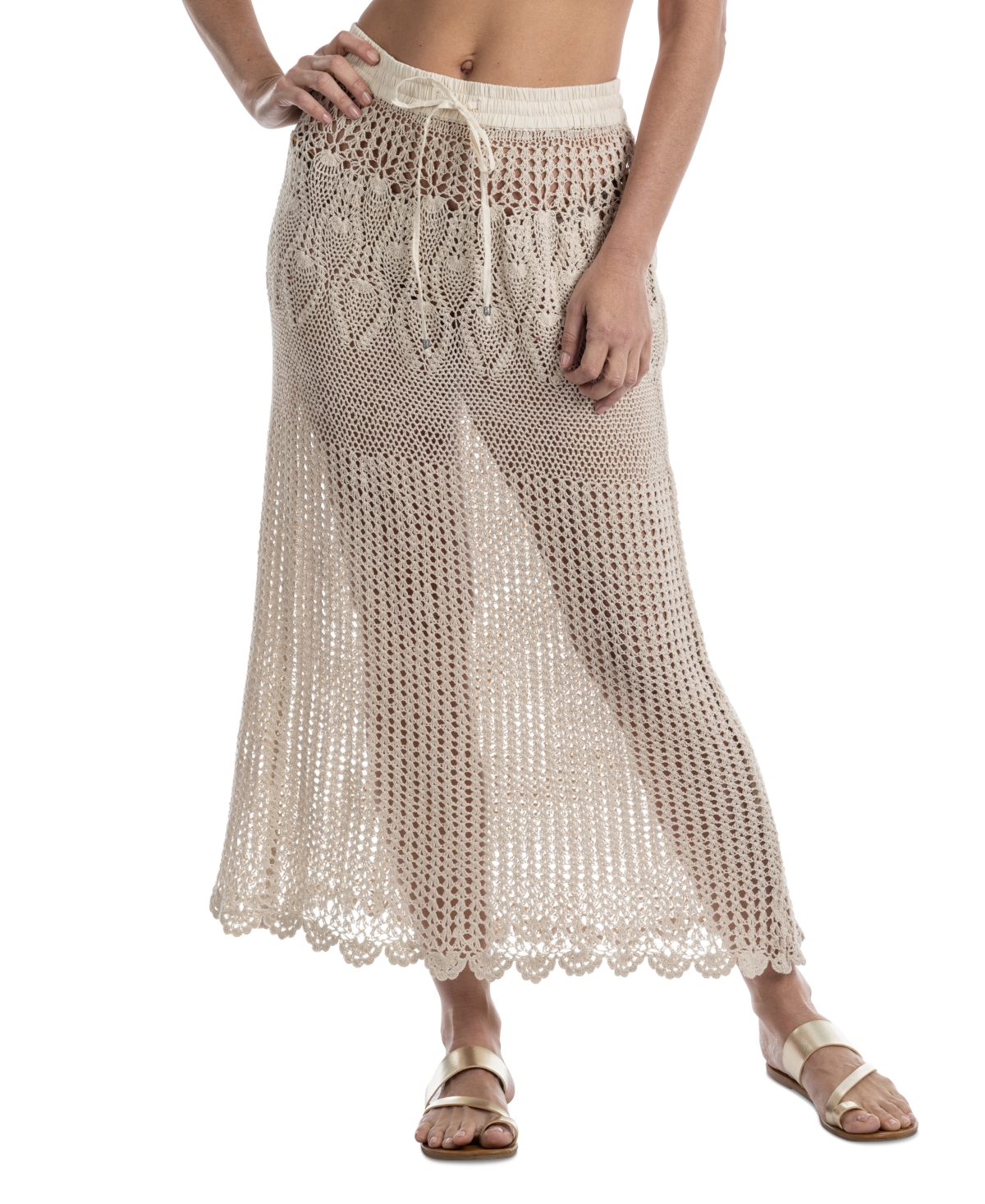 Shop Dotti Women's Cotton Crochet Drawstring-waist Cover-up Maxi Skirt In Beige