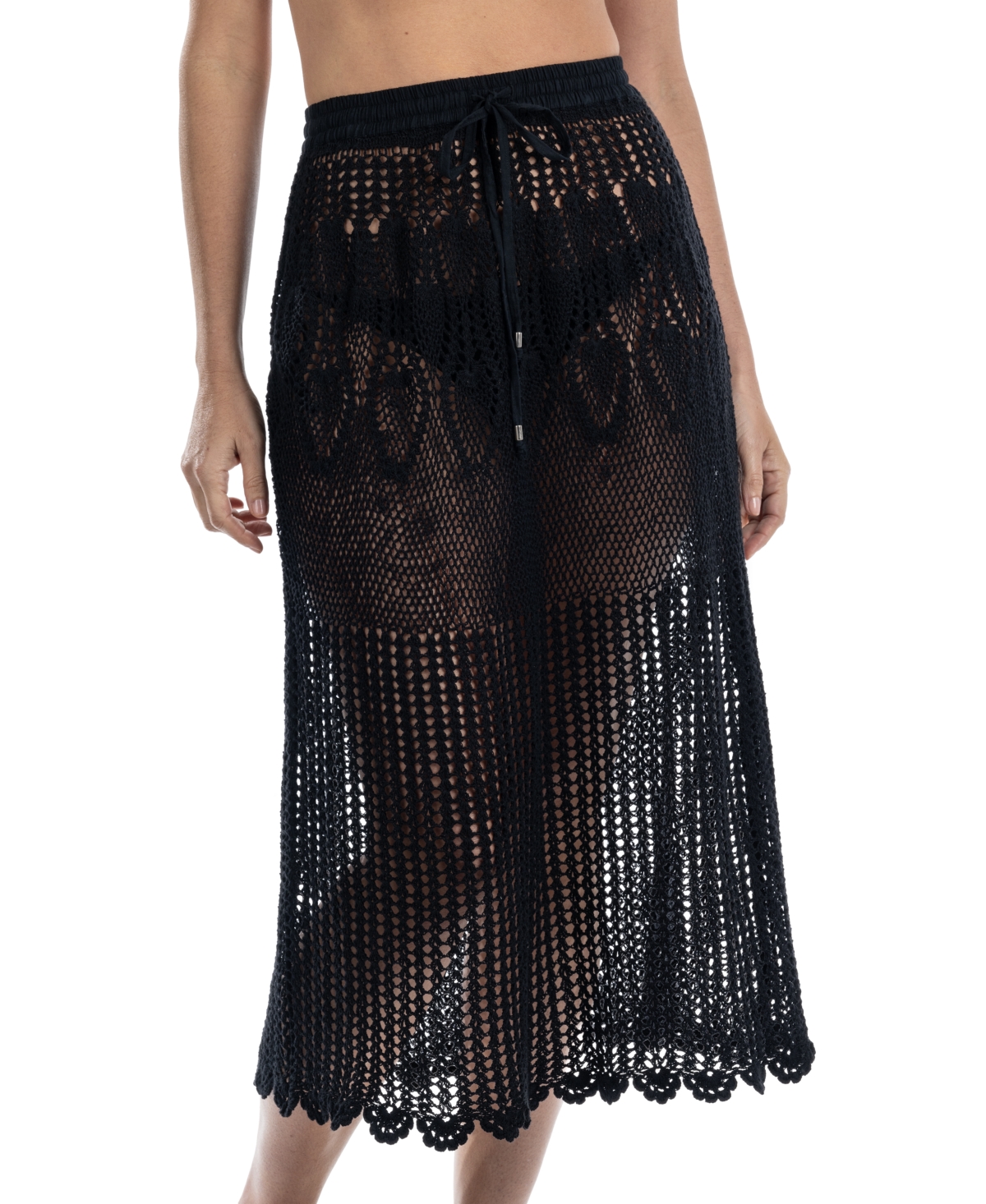 Shop Dotti Women's Cotton Crochet Drawstring-waist Cover-up Maxi Skirt In Black