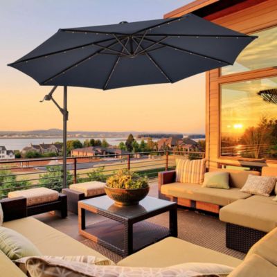 Patio 10FT Hanging Offset Umbrella 32 LED Lights Sand Bag Outdoor Cross Base