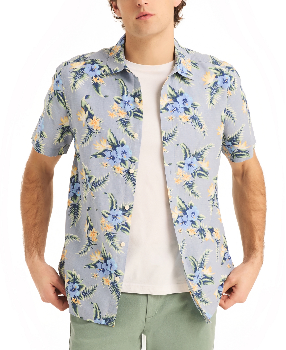 Men's Floral Print Short Sleeve Button-Front Shirt - Anchor Blue
