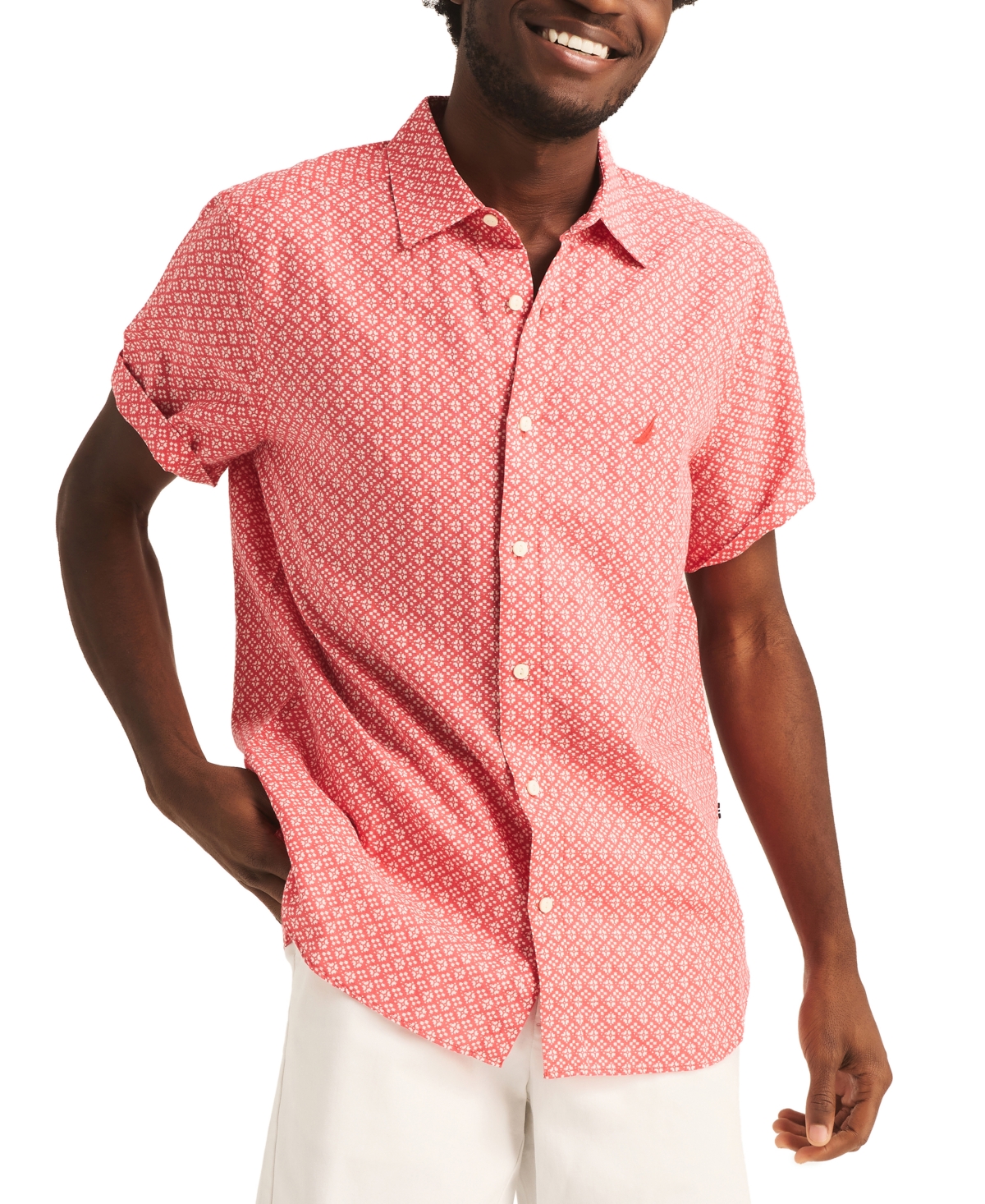Men's Geo Pattern Short Sleeve Linen-Blend Shirt - Sailor Red