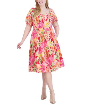 Vince Camuto Plus Size Square-Neck Puff-Sleeve Fit Flare Dress