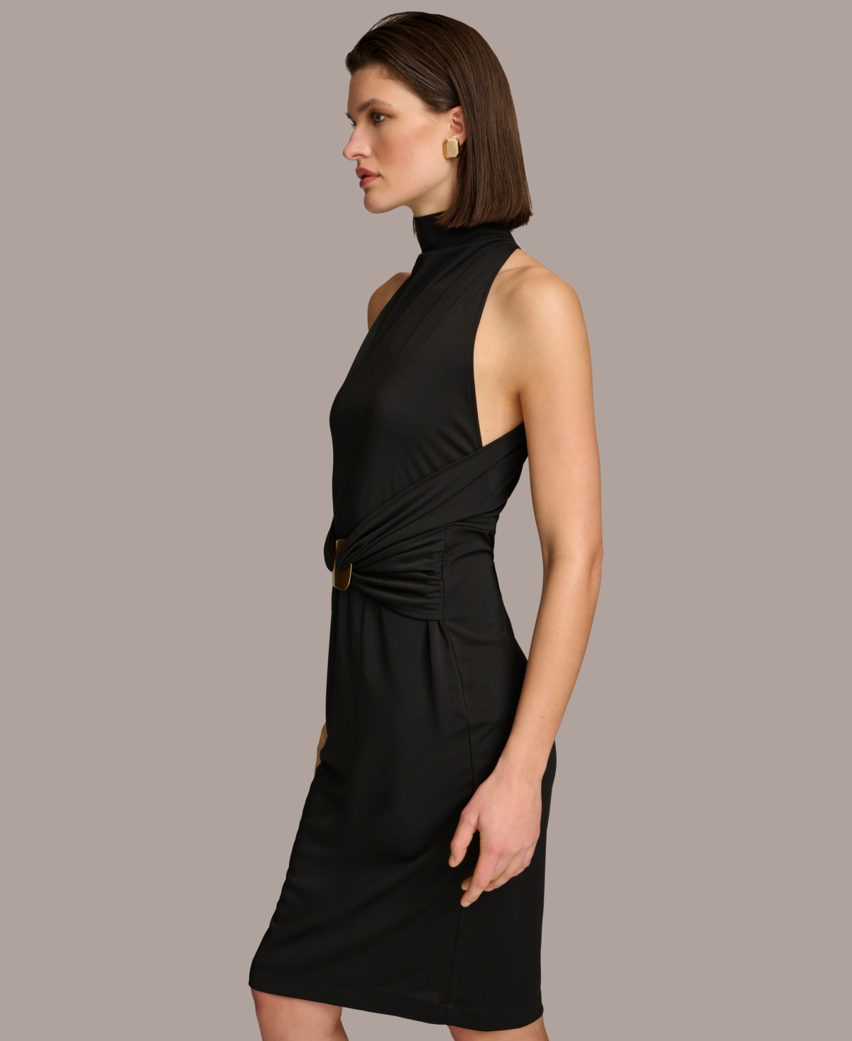 Shop Donna Karan Women's Mock Neck Wrap-waist Jersey Dress In Black