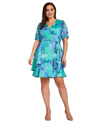 Tahari - Plus Size Printed Faux-Wrap Ruffle-Hem Dress