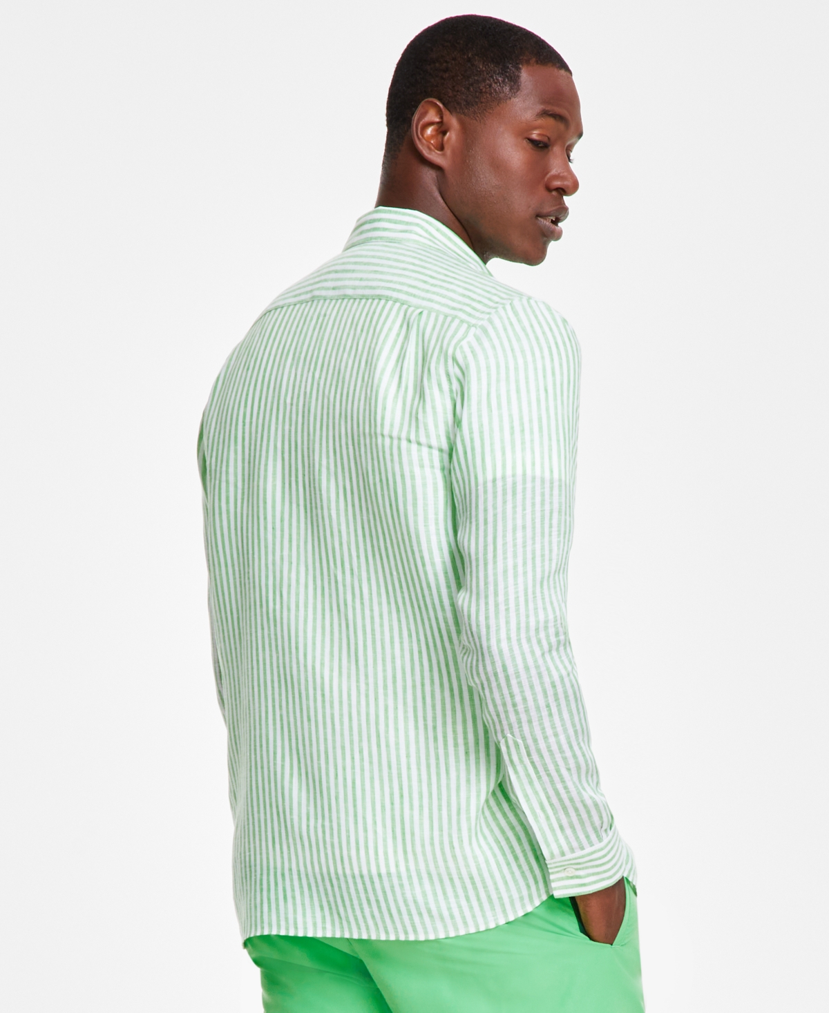 Lacoste Men's Long Sleeve Striped Button-Down Linen Shirt -peppermint