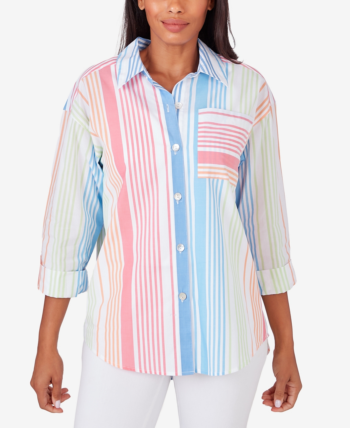 Shop Ruby Rd. Petite Striped Cotton Poplin Button Front Top In White Multi