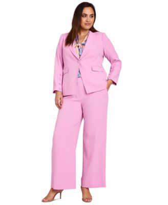 Plus Size One-Button Blazer, Printed Bow Blouse & Wide-Leg Pants