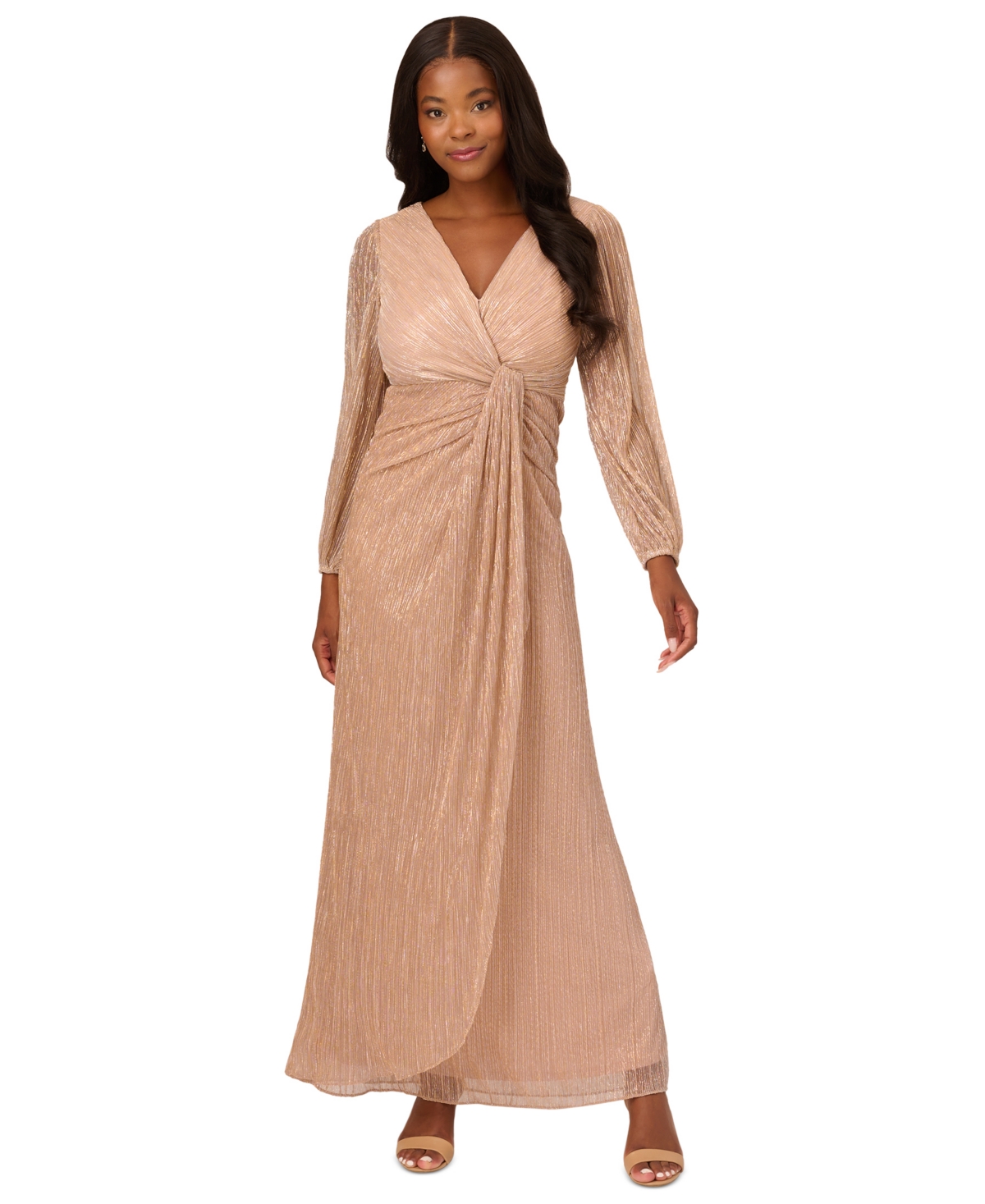 Women's Metallic Crinkled Draped Gown - Light Gold