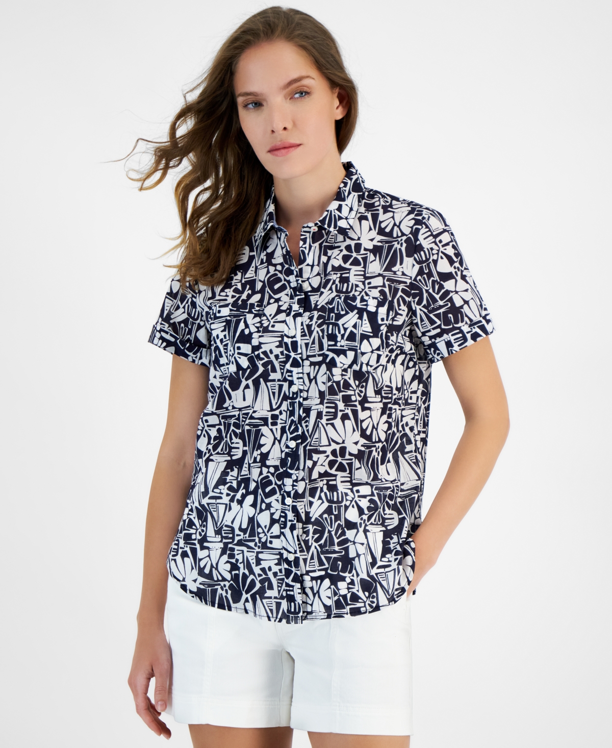 Women's Tiki Print Cotton Button-Front Shirt - Nigh Sky/b