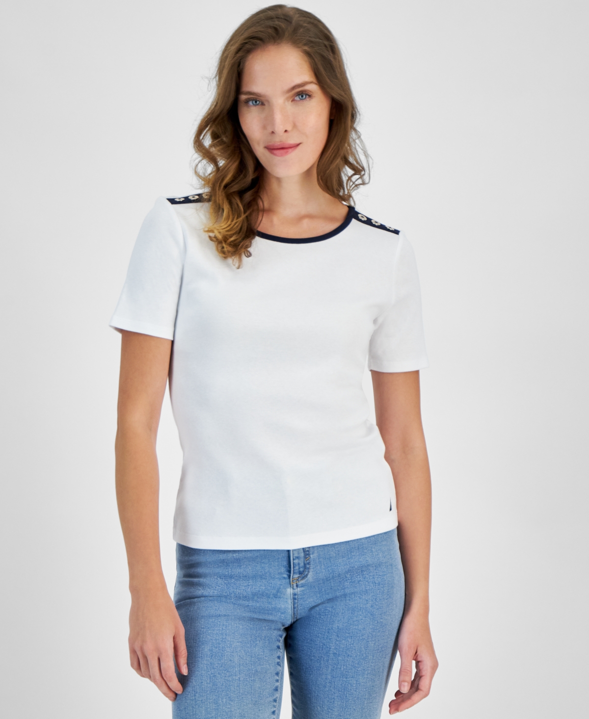Shop Nautica Jeans Women's Cotton Button-trim Short-sleeve T-shirt In Brt White