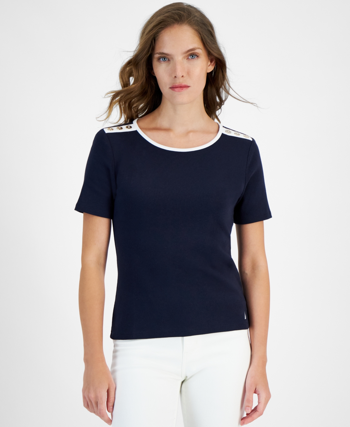 Women's Cotton Button-Trim Short-Sleeve T-Shirt - Night Sky