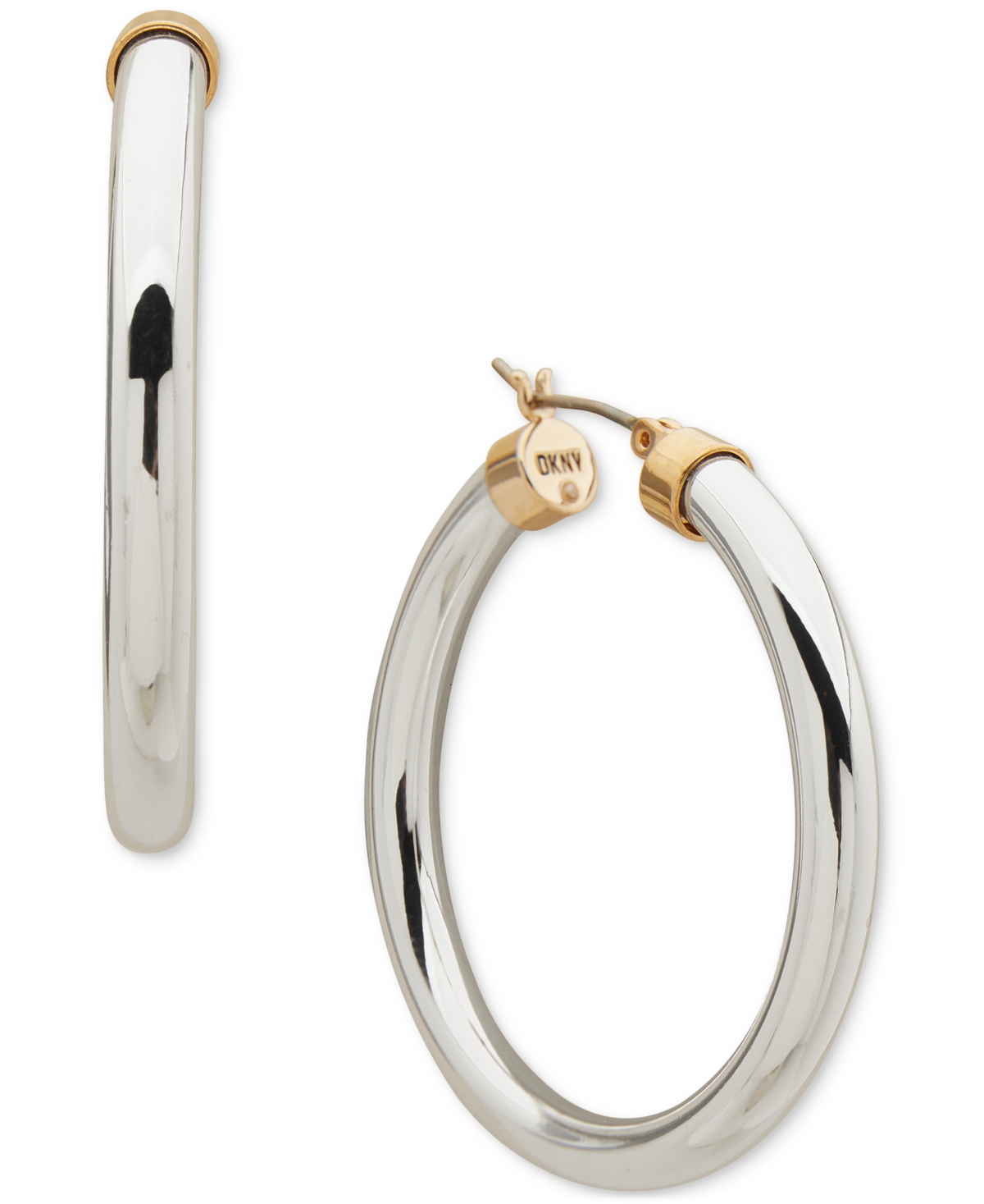 Dkny Two-tone Tube Clicktop Medium Hoop Earrings, 1.6" In Metallic