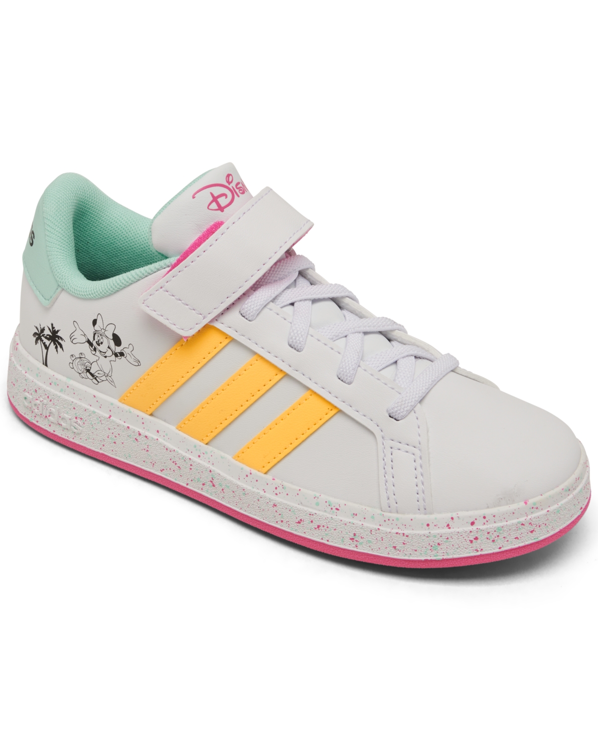 Adidas Originals Kids' X Disney Minnie Mouse Little Girls Grand Court Fastening Strap Casual Sneakers From Finish Line In White,yellow,pink