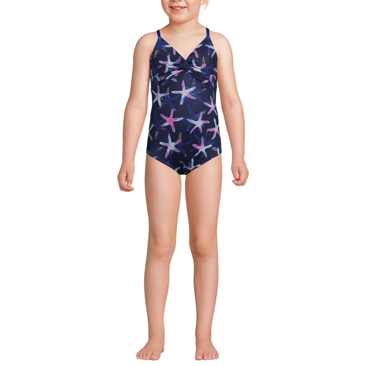 Lands' End Girls Chlorine Resistant Twist Front One Piece Swimsuit Upf Dress Coverup Set -pink starfish