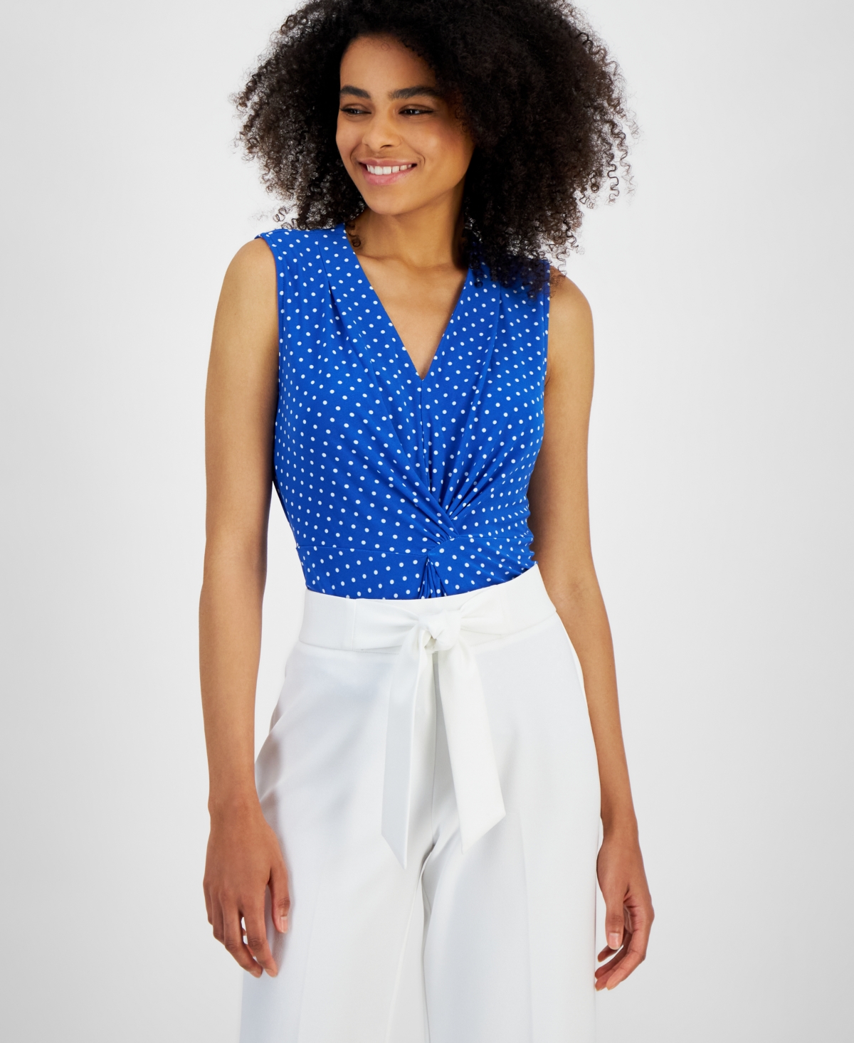 Ak Anne Klein Petite Polka Dot Sleeveless Twist-Front Top -Bright White
