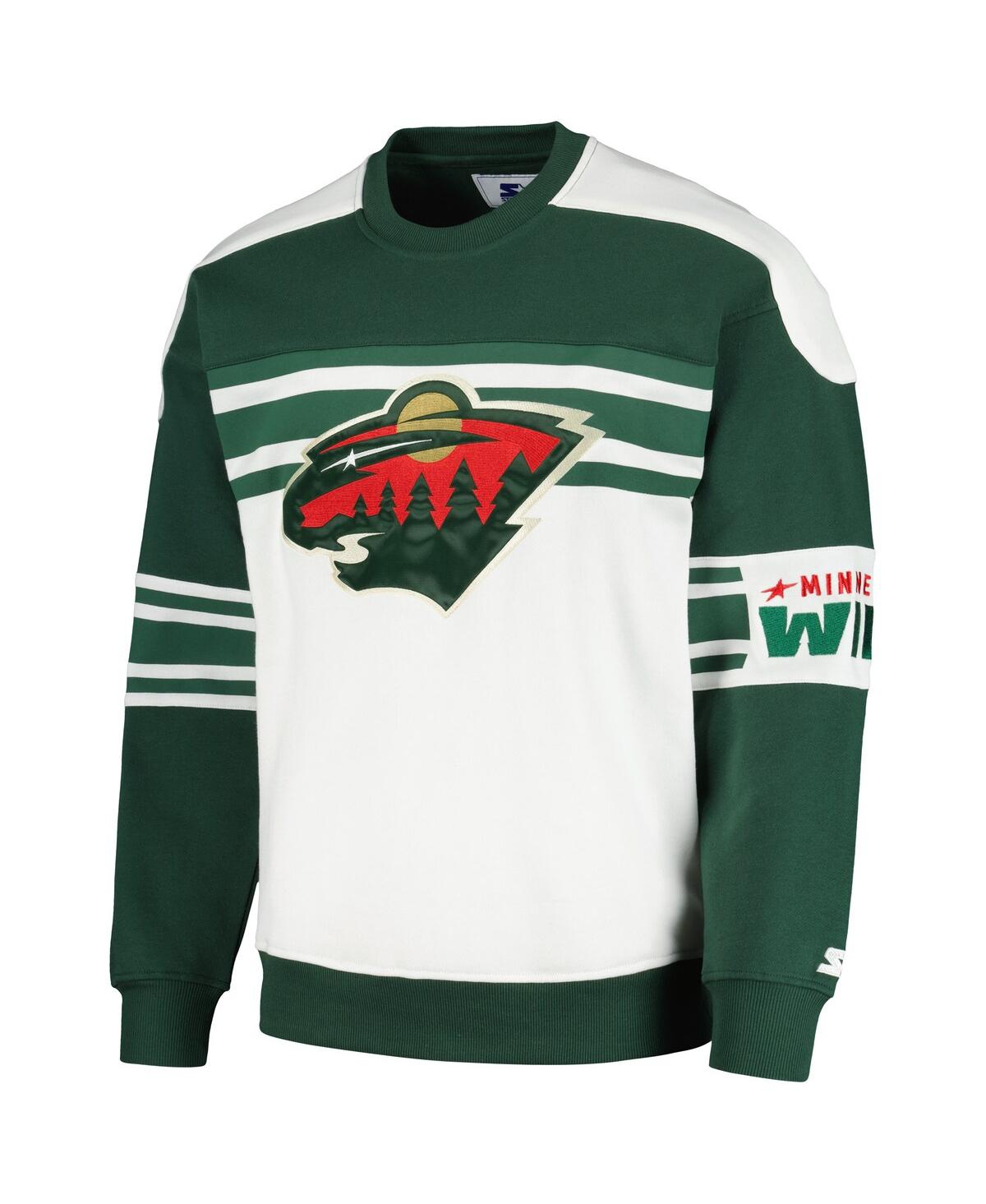 Shop Starter Men's  White Minnesota Wild Defense Fleece Crewneck Pullover Sweatshirt