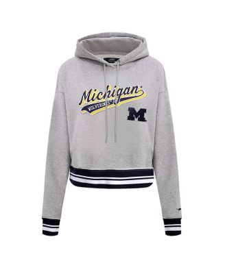 Women's Heather Gray Michigan Wolverines Script Tail Fleece Cropped Pullover Hoodie