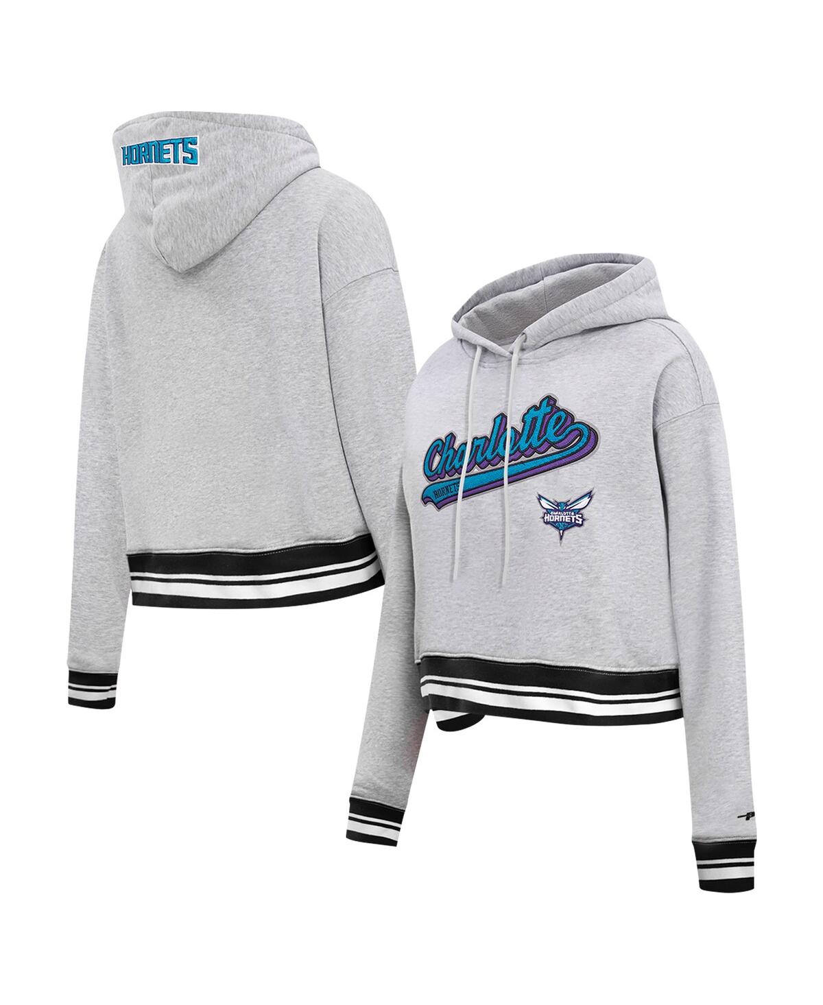Women's Pro Standard Heather Gray Charlotte Hornets Script Tail Cropped Pullover Hoodie - Heather Gray