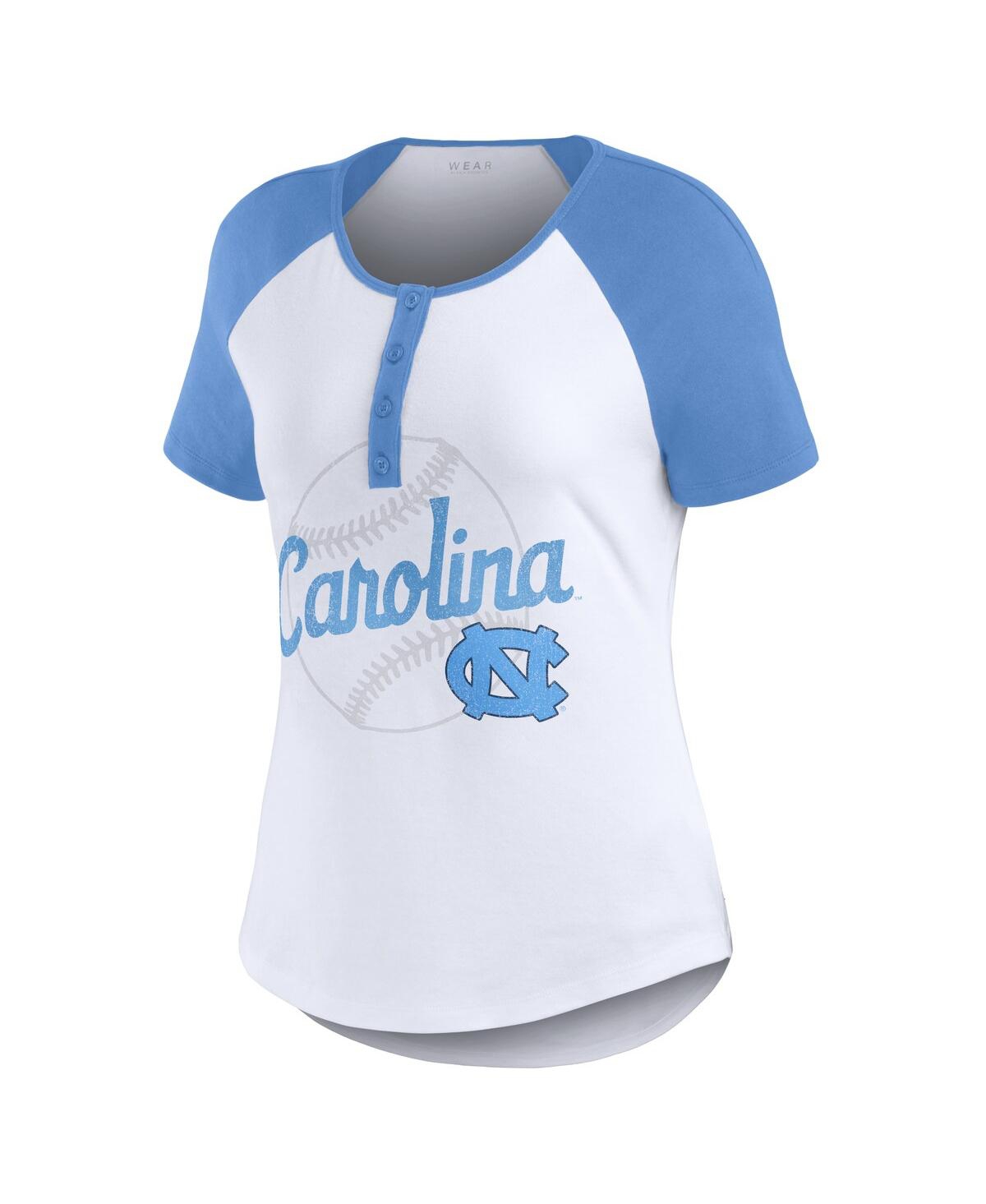 Shop Wear By Erin Andrews Women's  White Distressed North Carolina Tar Heels Baseball Logo Raglan Henley T