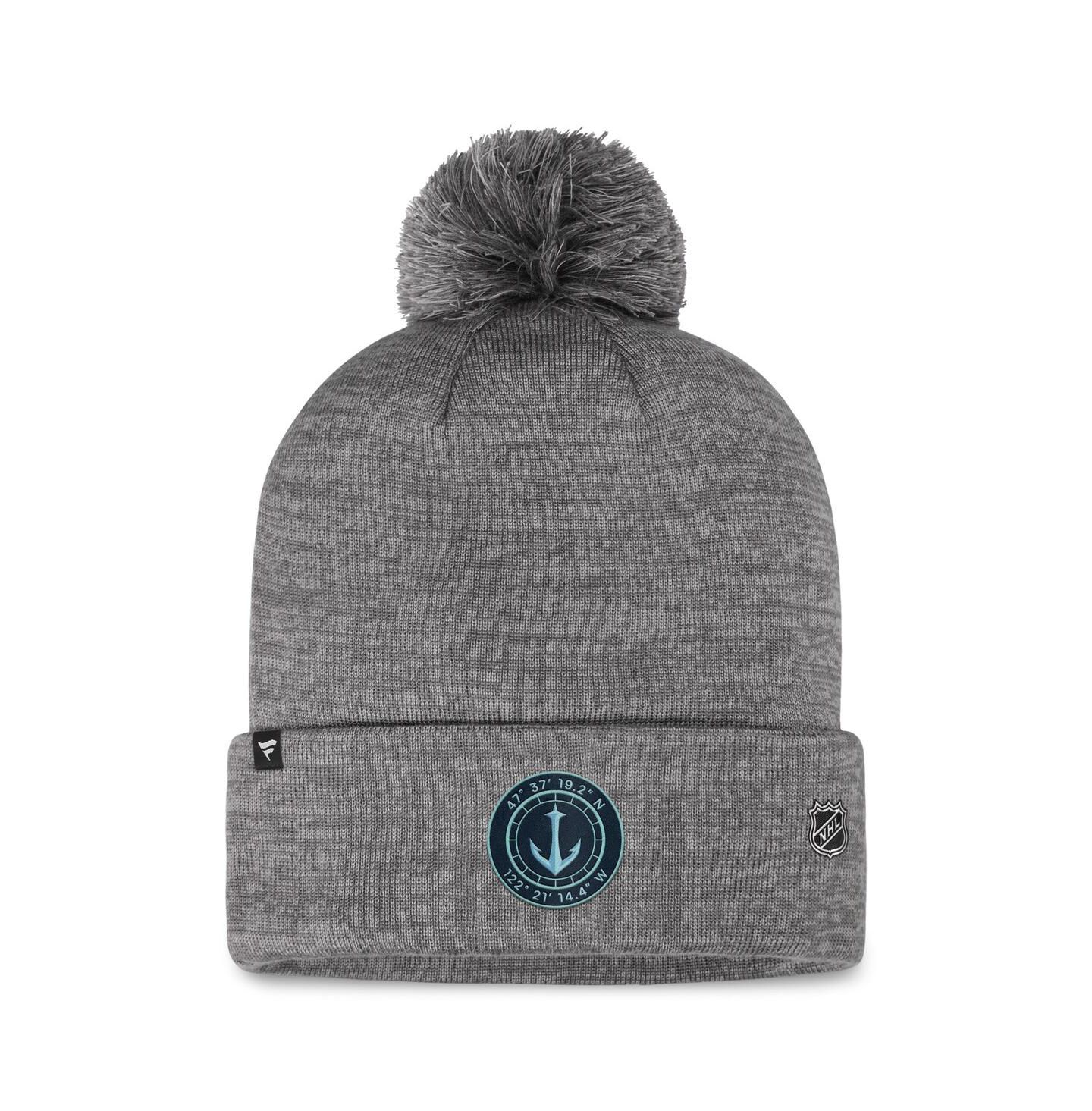 Мужская шапка Fanatics Gray Seattle Kraken Authentic Pro Home Ice Cuffed Knit Hat with Pom — фото 2