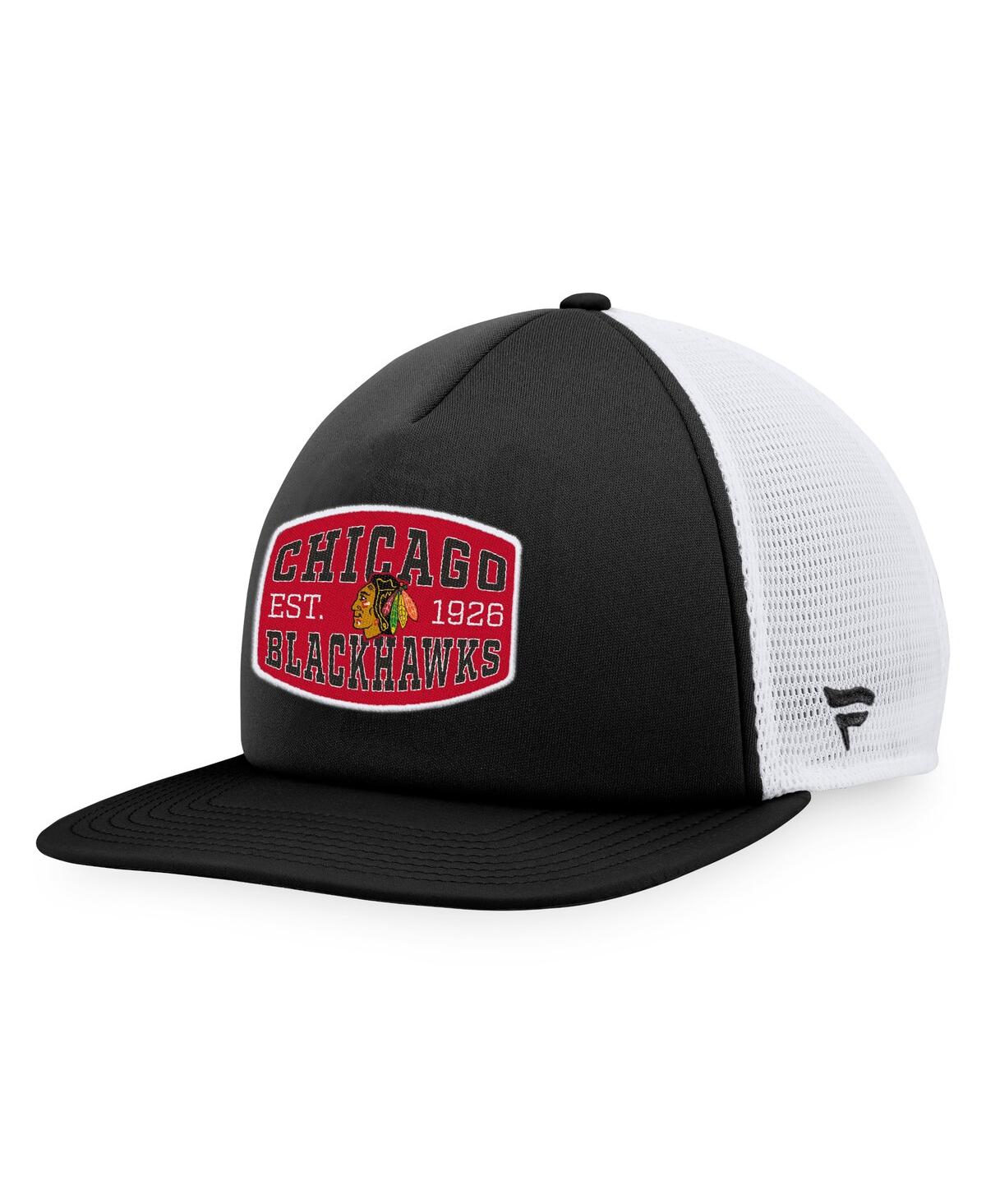 Fanatics Men's  Black, White Chicago Blackhawks Foam Front Patch Trucker Snapback Hat In Black,white