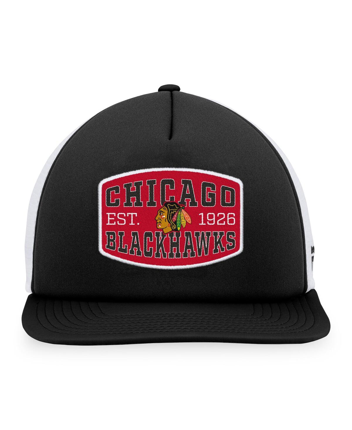 Fanatics Men's  Black, White Chicago Blackhawks Foam Front Patch Trucker Snapback Hat In Black,white