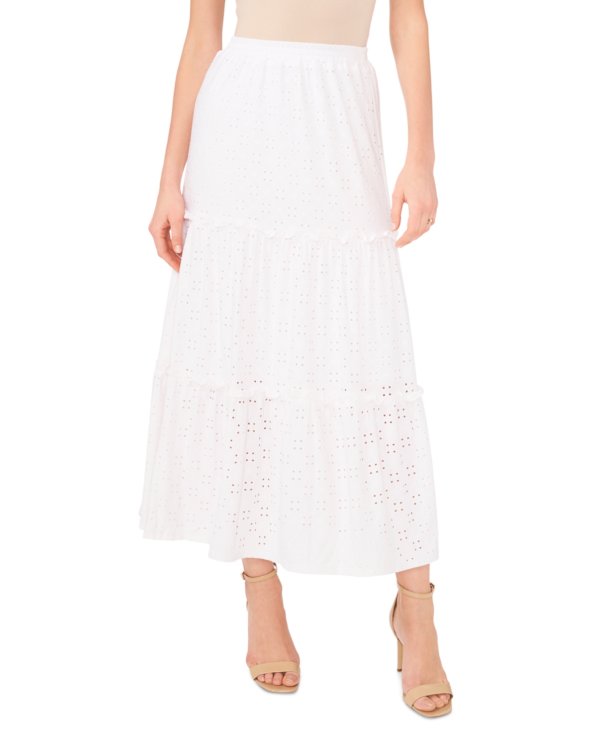 Petite Knit Eyelet Tiered Pull-On Maxi Skirt - Ultra White