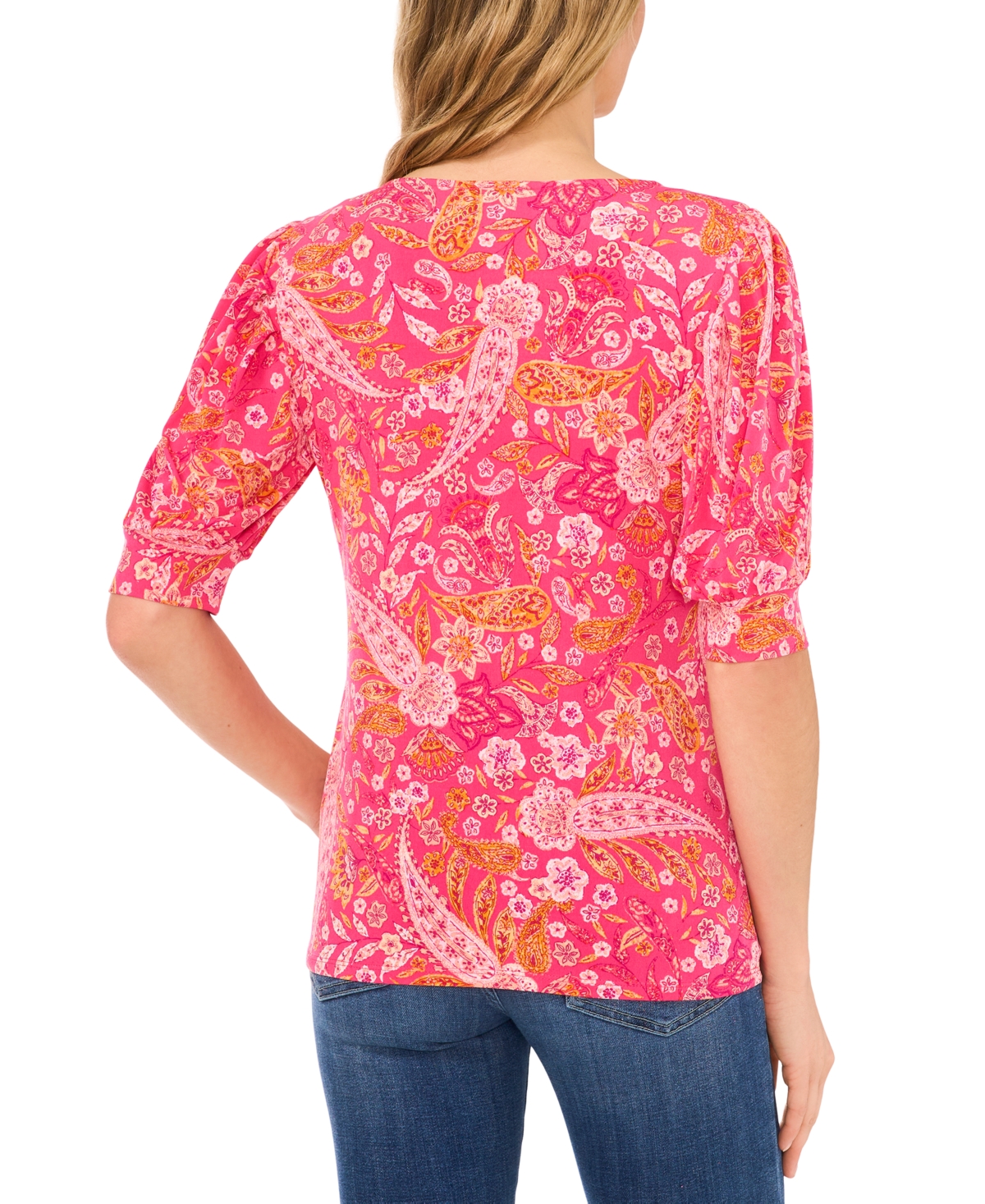 CeCe Women's Paisley Print Crewneck Shirred Sleeve Knit Top