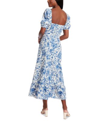 Women's Puff-Sleeve Ruched Smocked-Back Empire Midi Dress