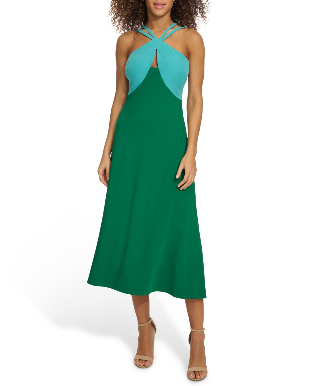 Women's Strappy Colorblocked A-Line Midi Dress - Aqua Green