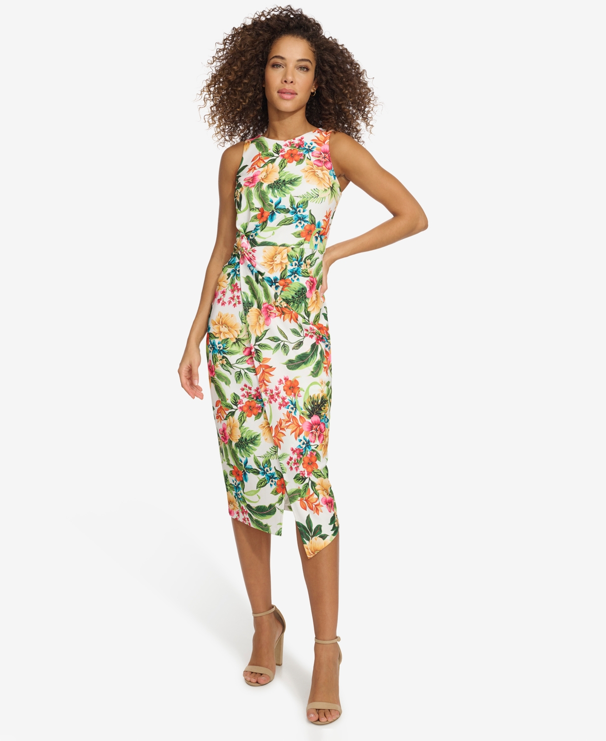 Women's Floral-Print Faux-Wrap-Skirt Dress - White Multi