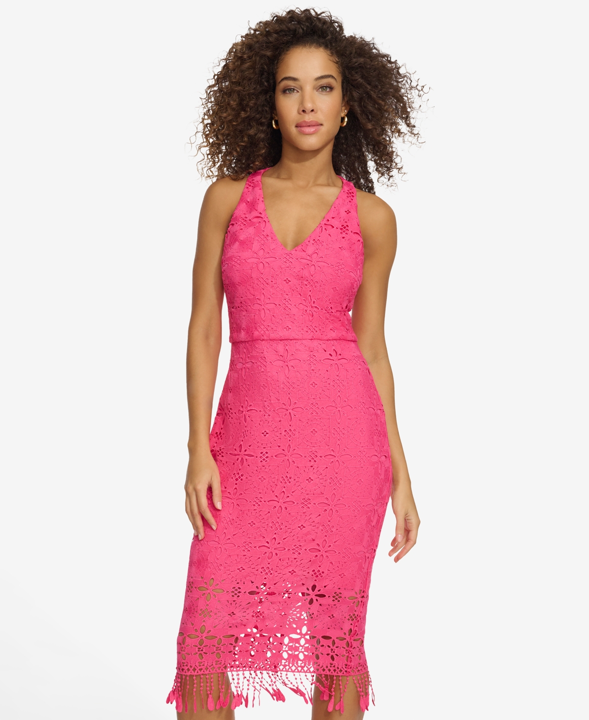 Women's Eyelet-Lace Tasseled-Hem A-Line Dress - Pink